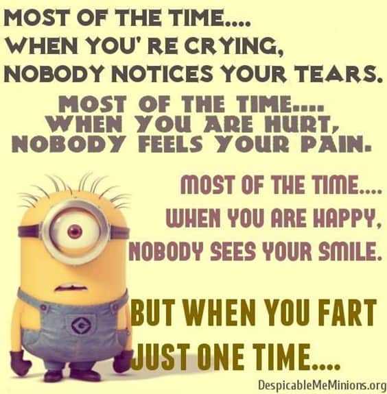 25 Funny Quotes Of The Day 17 17. “Most of the time.... When you're crying, nobody notices your tears. Most of the time.... When you are hurt, nobody feels your pain. 마 most of the time.... When you are happy. Nobody sees your smile. But when you fart just one time.”