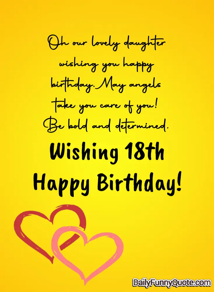 An 18th birthday greeting card for a daughter reading 'Oh our lovely daughter wishing you happy birthday. May angels take you care of you! Be bold and determined. Wishing 18th Happy Birthday!' on a yellow background with heart illustrations.